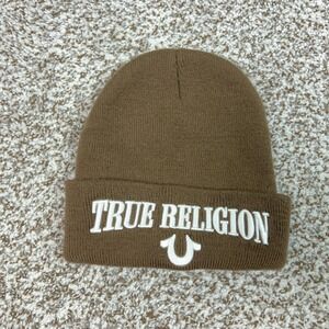 True Religion Hat Beanie Men One Size Brown Knit Logo Spellout Winter Streetwear